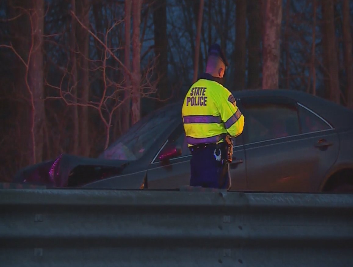 Scene of multi-vehicle crash on Route 24 South in Fall River. Private sander truck lost tire, flipped over