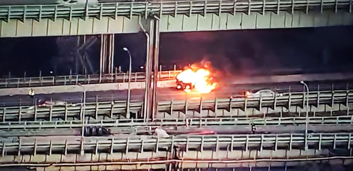Car on fire on the Tobin Bridge. Fire crews are on the scene.  The Northboubd lanes are closed while firefights work to extinguish the flames.  
