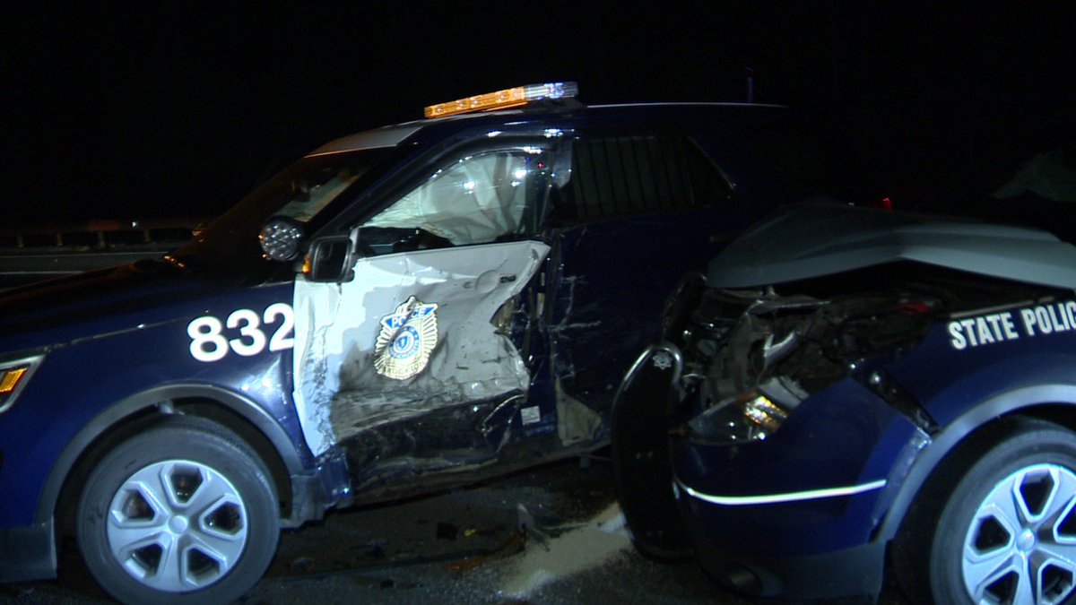 The search is underway for a suspect who led police on a 30 mile chase from Brockton to Concord. The pursuit ended when two cruisers crashed. The trooper and officer are ok