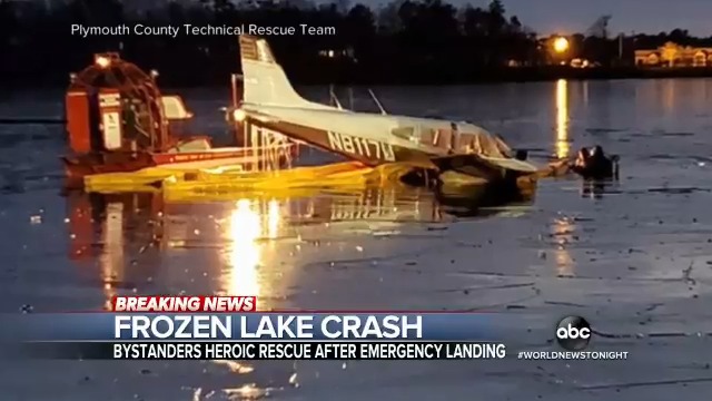 A small plane crashed into a frozen lake in Halifax, Massachusetts, with the pilot rescued before the aircraft sank into the icy water. 