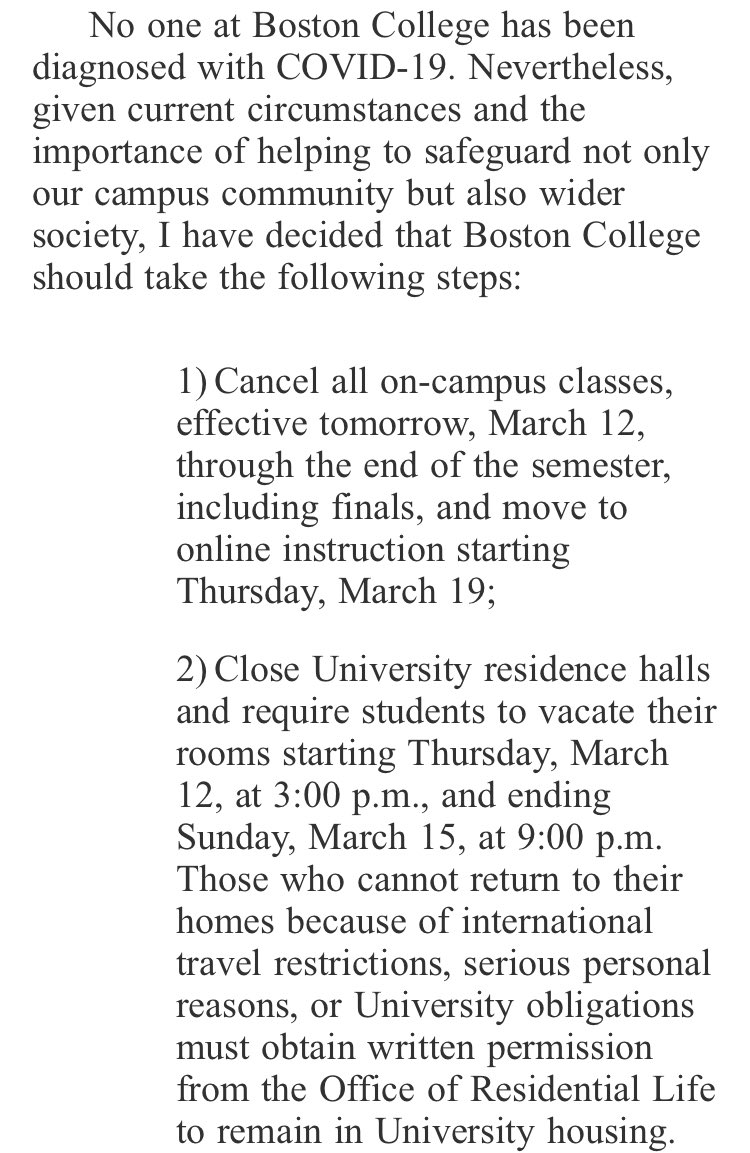 Boston College canceling on campus classes. Going online next week
