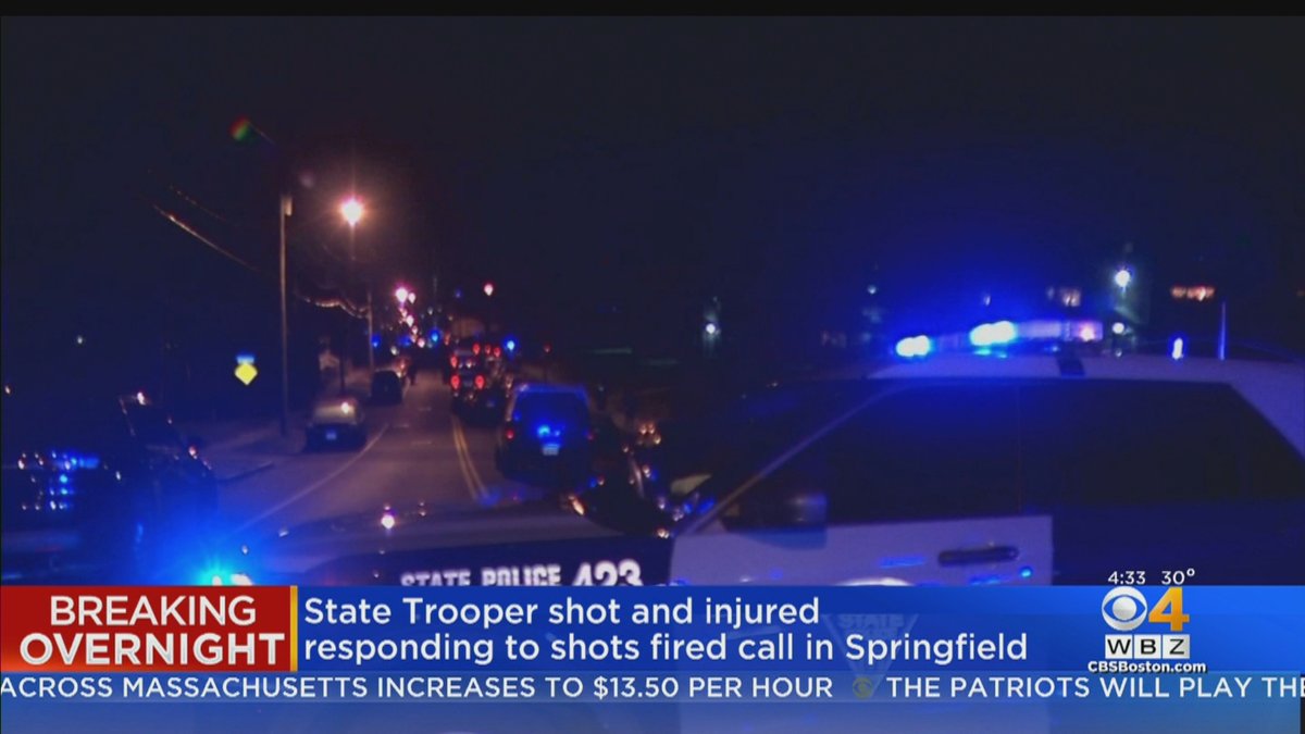 MA State Police trooper shot in Springfield overnight while responding to a call for shots fired. A Springfield police officer provided medical aid until EMS arrived & transported the trooper to the hospital. His injuries are non-life threatening. 