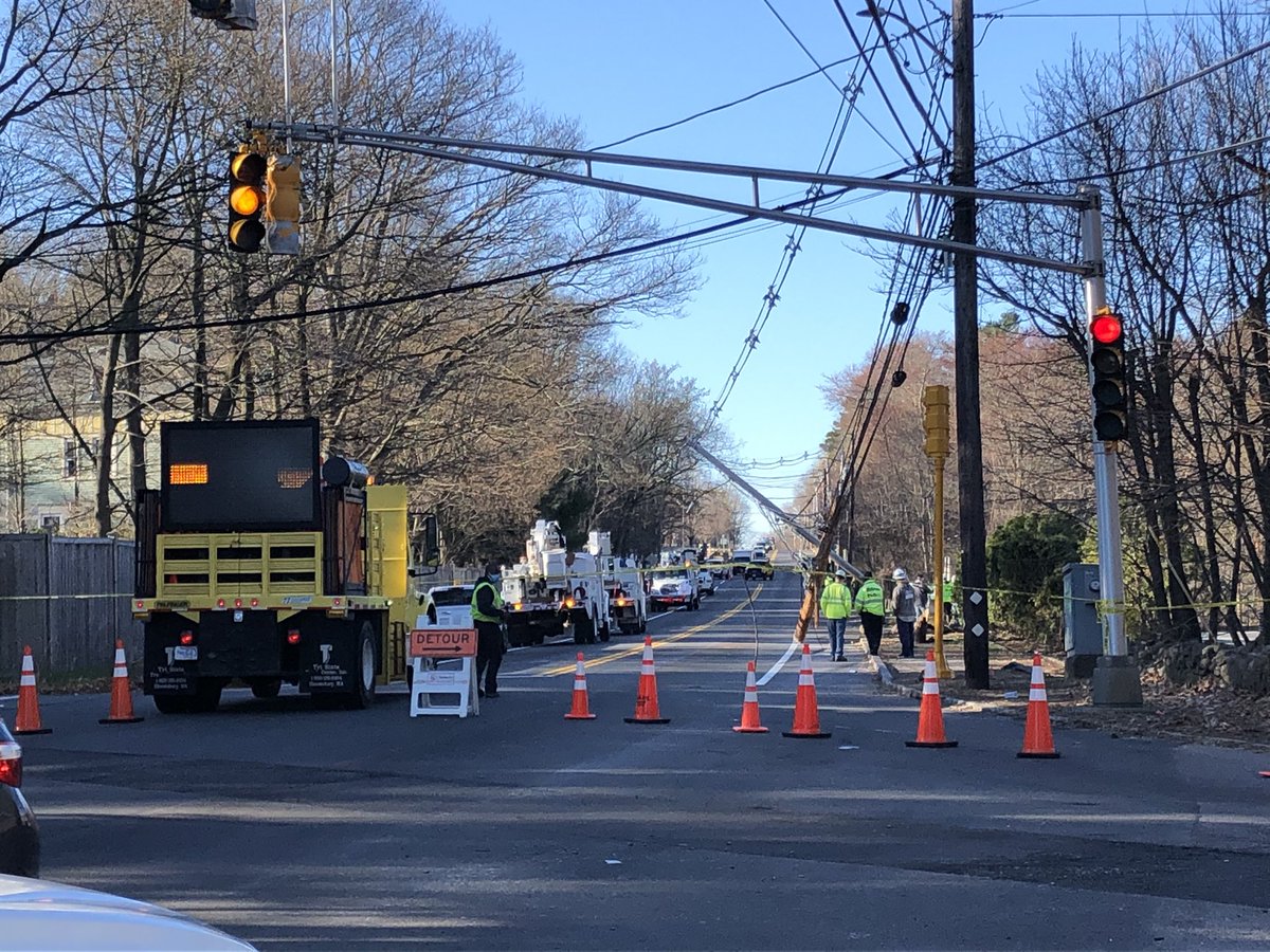Blue Hill Ave in Milton is still blocked off. Two utility poles need to be fixed before the road can be reopened
