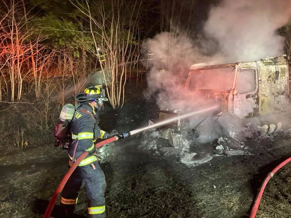 Pics from Norfolk fire show ground-level efforts to put out a truck fire in Plainville early this morning. It's still backing up traffic about 4 miles on 495 SB