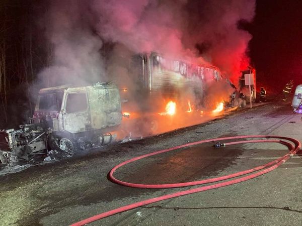 Pics from Norfolk fire show ground-level efforts to put out a truck fire in Plainville early this morning. It's still backing up traffic about 4 miles on 495 SB