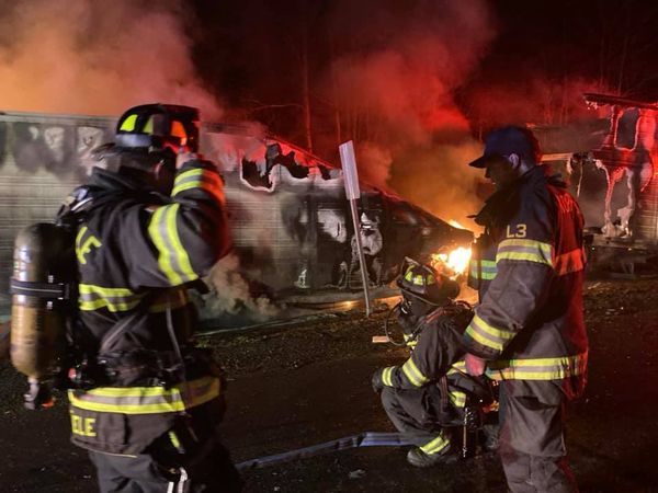 Pics from Norfolk fire show ground-level efforts to put out a truck fire in Plainville early this morning. It's still backing up traffic about 4 miles on 495 SB