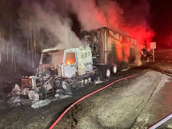 Pics from Norfolk fire show ground-level efforts to put out a truck fire in Plainville early this morning. It's still backing up traffic about 4 miles on 495 SB