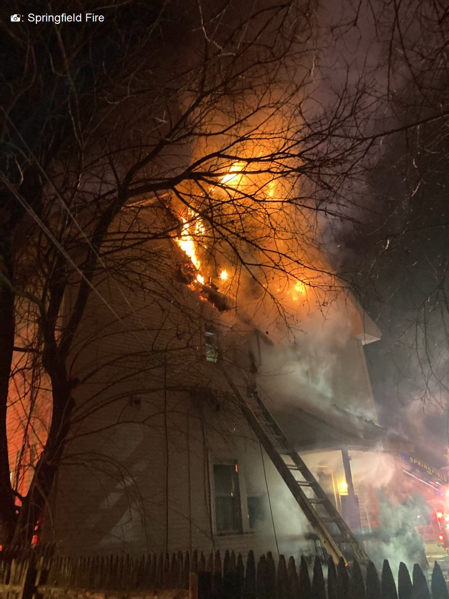 Firefighters used ladders to rescue two people from the 3rd floor at a 2-alarm house fire on Belmont Ave in Springfield early this morning. One person was transported to the hospital with non-life threatening injuries, one person treated at the scene