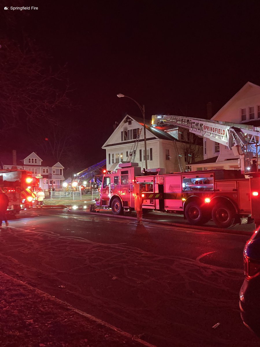 Firefighters used ladders to rescue two people from the 3rd floor at a 2-alarm house fire on Belmont Ave in Springfield early this morning. One person was transported to the hospital with non-life threatening injuries, one person treated at the scene