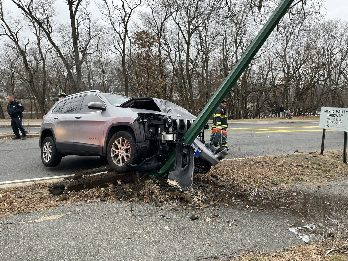 Engine 1 and Ladder 1 responded this morning to a single car MVA on Rt. 16/Mystic Valley Parkway. The driver was transported to the hospital with minor injuries. Also responding: Armstrong Ambulance, Medford Police, State Police, and Stephens Towing