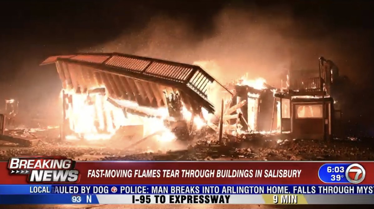 A massive motel fire has now spread to nearby buildings in Salisbury as strong winds continue to rip through the area. This is near Central Ave & Northern Blvd. Several streets are closed as firefighters try to get this under control.