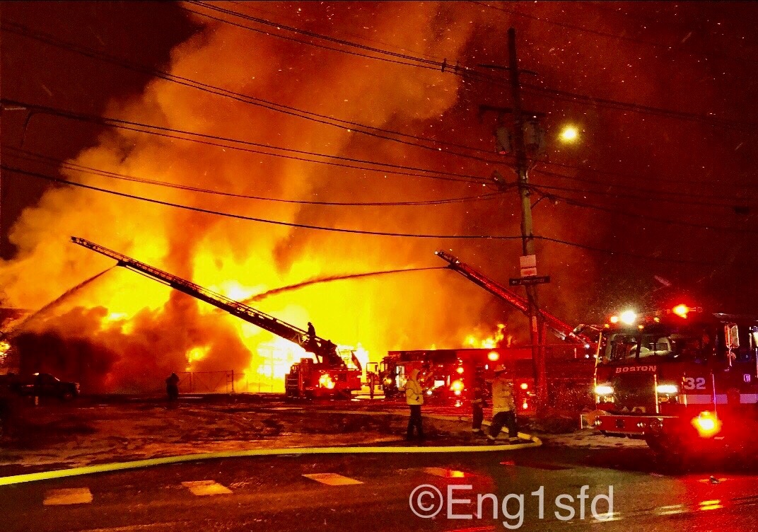 ** Everett MA, 2nd alarm+ fire 69 Norman St, large factory building under demolition once occupied by Duncan Galvanizing was fully involved in fire and now has collapsed.Units will be on scene for several hours overhauling