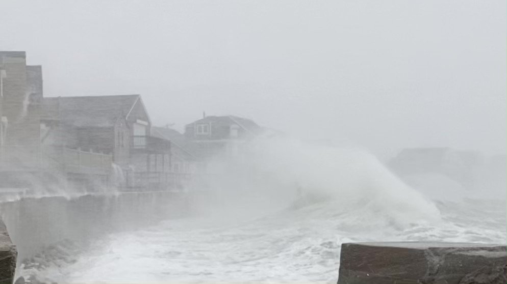 Biggest surf we have seen today pummeling the Scituate coast along Lighthouse Road. Huge waves