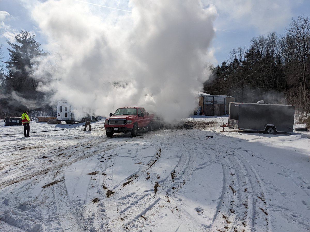 E3 at a vehicle fire, box truck on a trailer, fully involved in owner's yard.  3 calls came in during this time.  Quick work by crew here and EA crew taking care of medical at Overlook, smoke invest. on Flint Rd, M/A from Spencer Rescue to handle other call