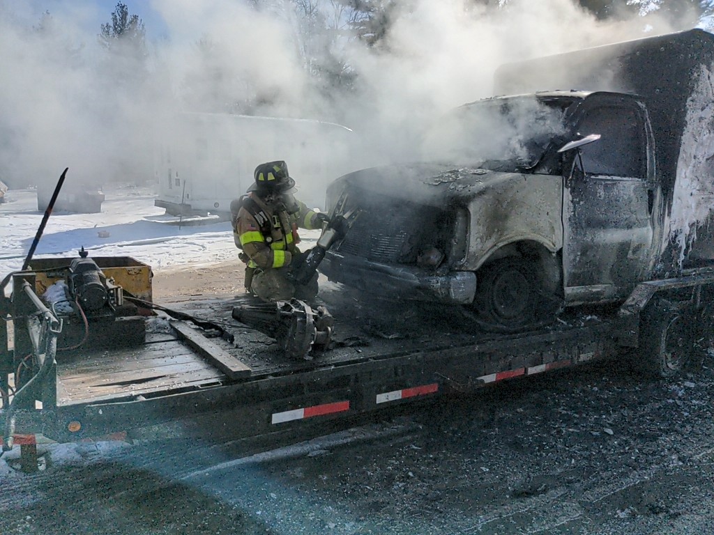 E3 at a vehicle fire, box truck on a trailer, fully involved in owner's yard.  3 calls came in during this time.  Quick work by crew here and EA crew taking care of medical at Overlook, smoke invest. on Flint Rd, M/A from Spencer Rescue to handle other call