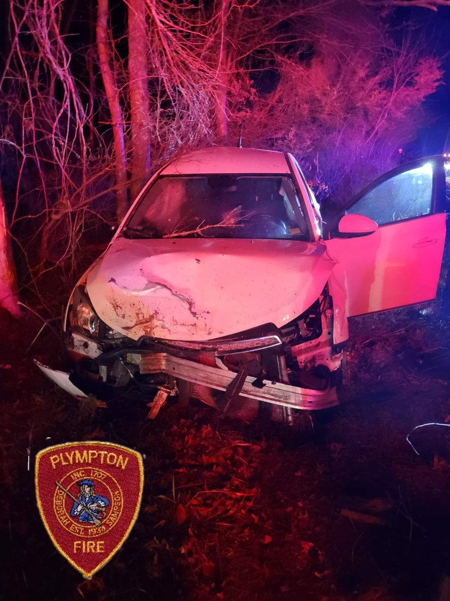 Monday evening at approximately 10:45pm, Plympton Fire and Police responded to the area of 52 Palmer Rd. For a single vehicle that struck a tree. 1 patient was transported to South Shore Hospital with non life threatening injuries by Plympton Fire and Police