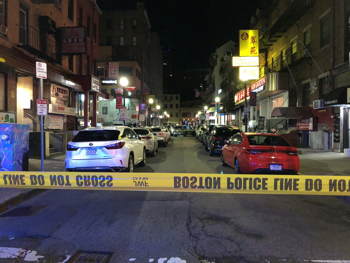 Boston: Tyler St, injured officer, BPD officer struck by vehicle, police discharged weapon, no one hit by gunfire, 3 in custody, officer transported