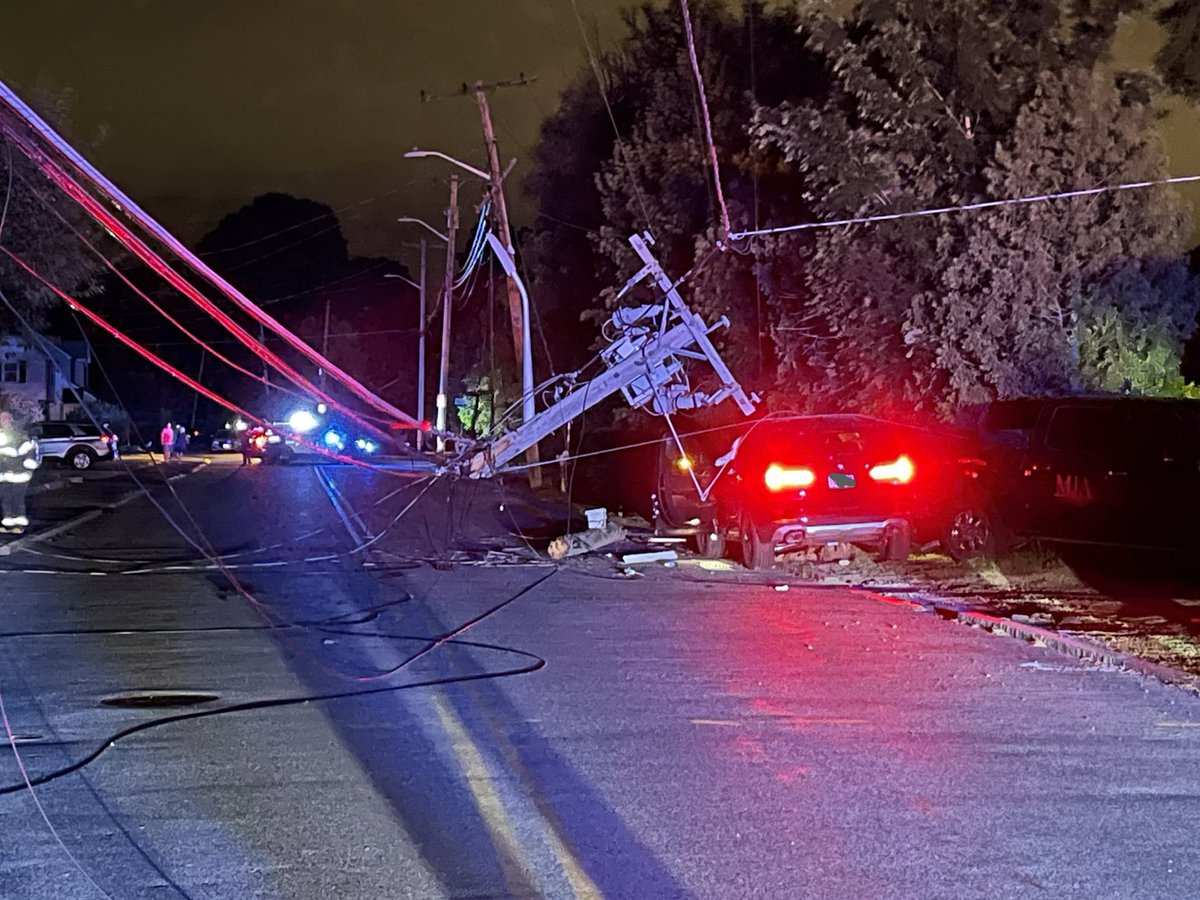 Ladder 1 and Engine 2 are currently on scene with Medford Police and Armstrong Ambulance at an MVA on Grove Street. A single vehicle struck (and broke) a telephone pole leading to a power outage in the area. Multiple wires are down across the road, National Grid is responding