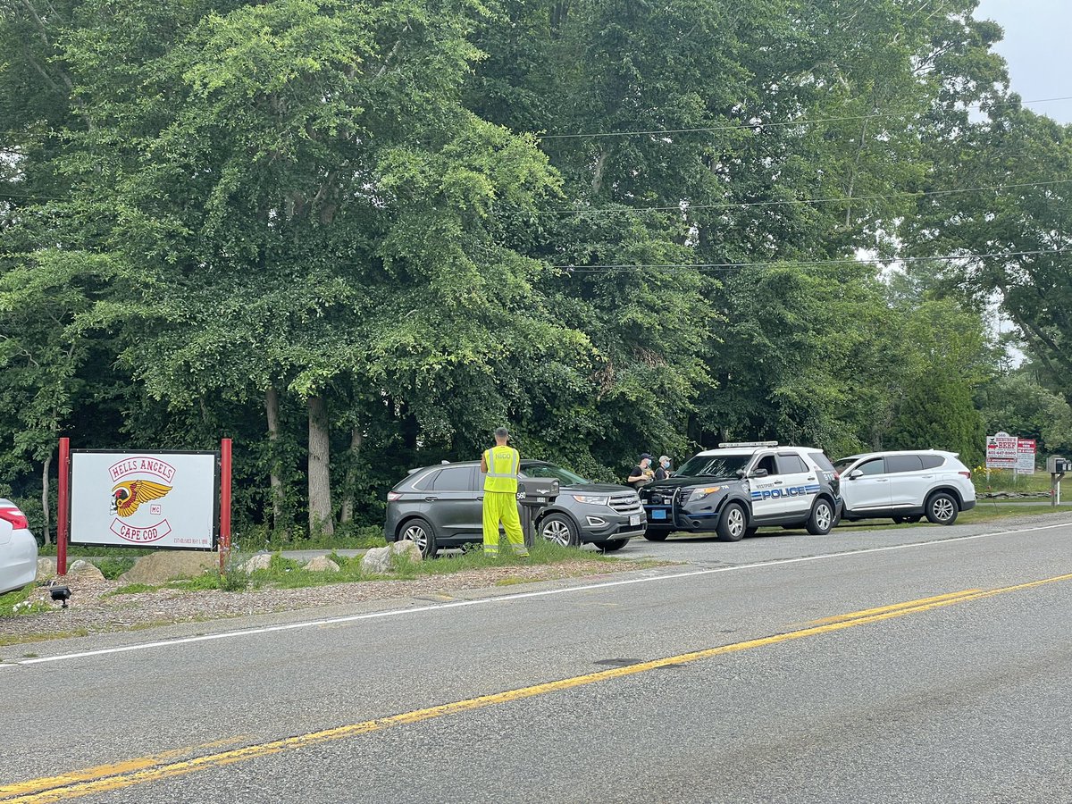 A heavy police presence in Westport outside of the Hells Angels Cape Cod Club.   local and State Police, as well as the FBI scene outside the blocked off campground armed with bulletproof vests and assault rifles