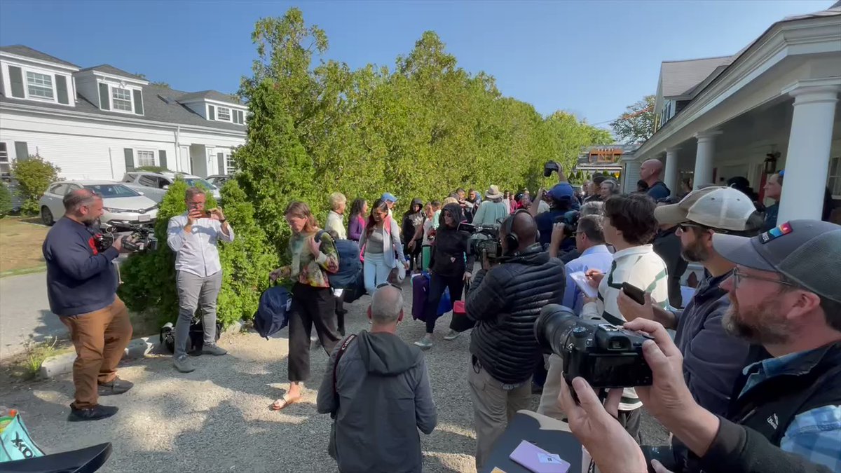 Migrants, flown into Martha's Vineyard by Fl's governor, are boarding buses. They'll be heading to Joint Base Cape Cod, according to officials. 125 Mass National Guard members are being activated to assist