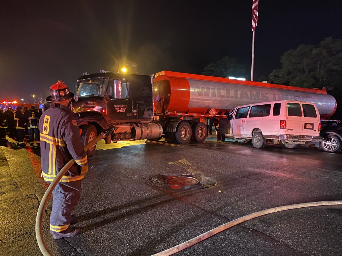 Boston Fire Dept.:At approximately 3:30 a van hit a gasoline truck at 1171 Hyde Park Ave. Causing a leak estimated 50-60 gallons    onto the street