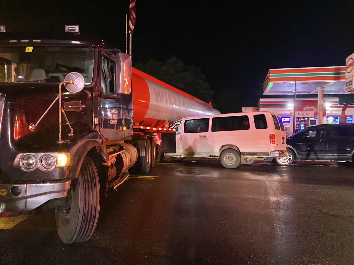 Boston Fire Dept.:At approximately 3:30 a van hit a gasoline truck at 1171 Hyde Park Ave. Causing a leak estimated 50-60 gallons    onto the street