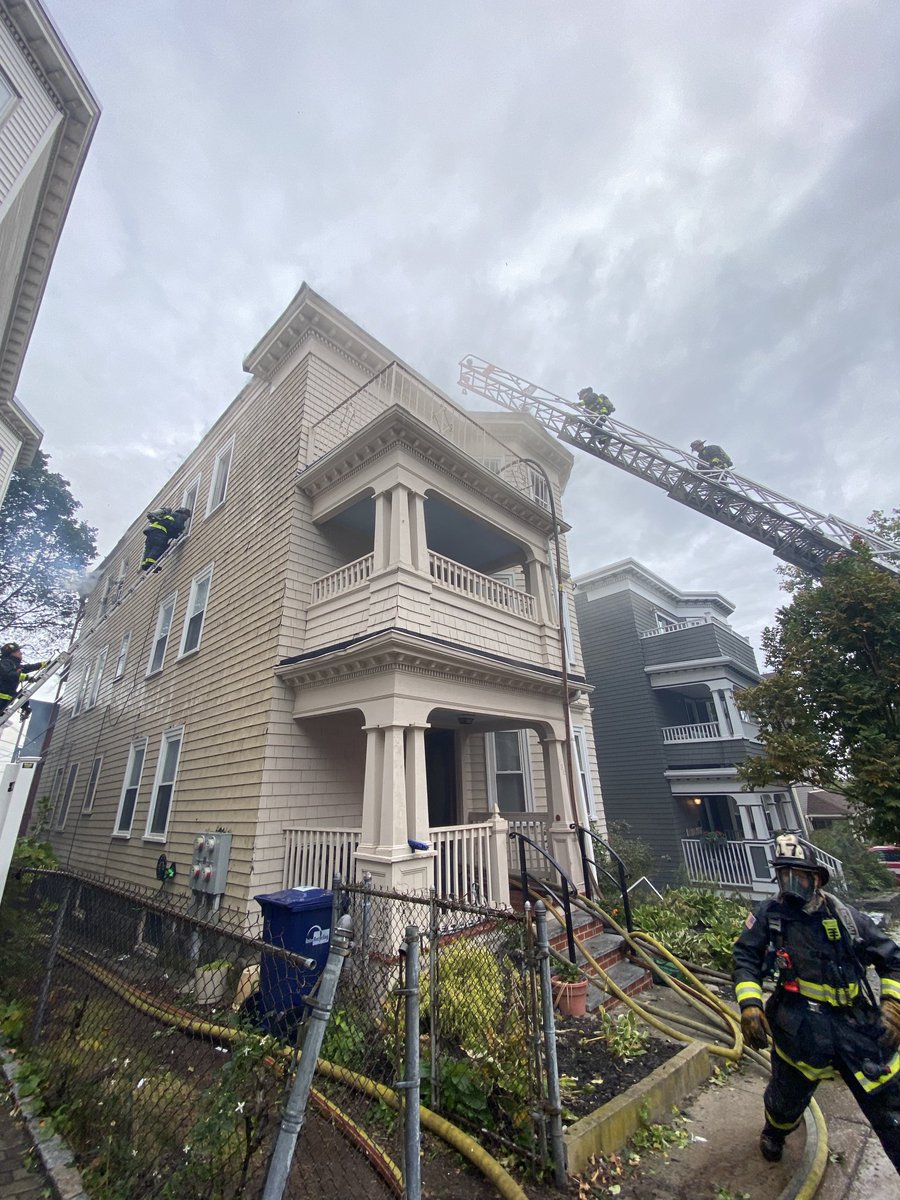 Boston Fire Dept.:The fire has traveled to multiple streets Peverell and Cushion Ave . The fire on CushionAve in in the 4rd floor and in the roof . All companies are working