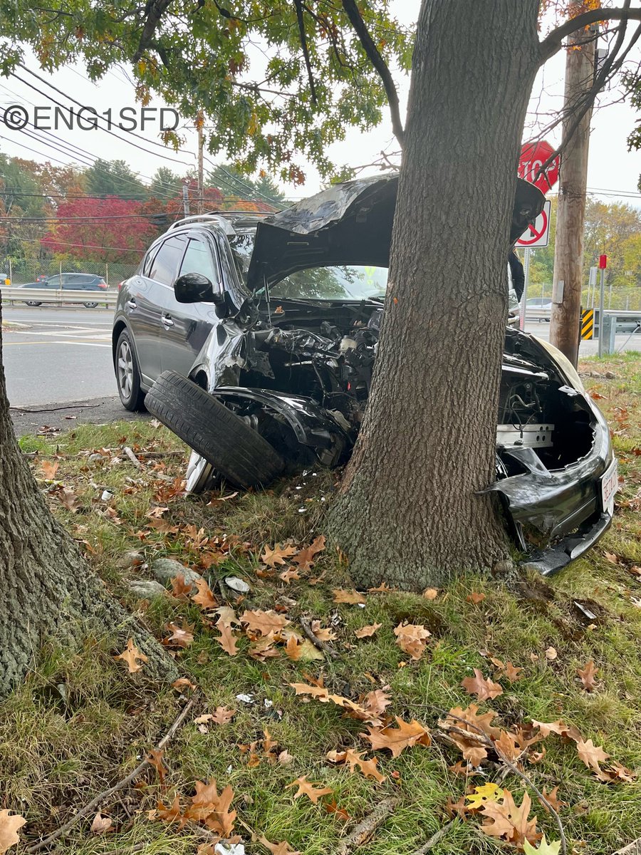 Saugus MA, single car accident RT-1 south exit ramp to Main St, car off the road into a tree. No injuries and public safety units have the scene cleared up now