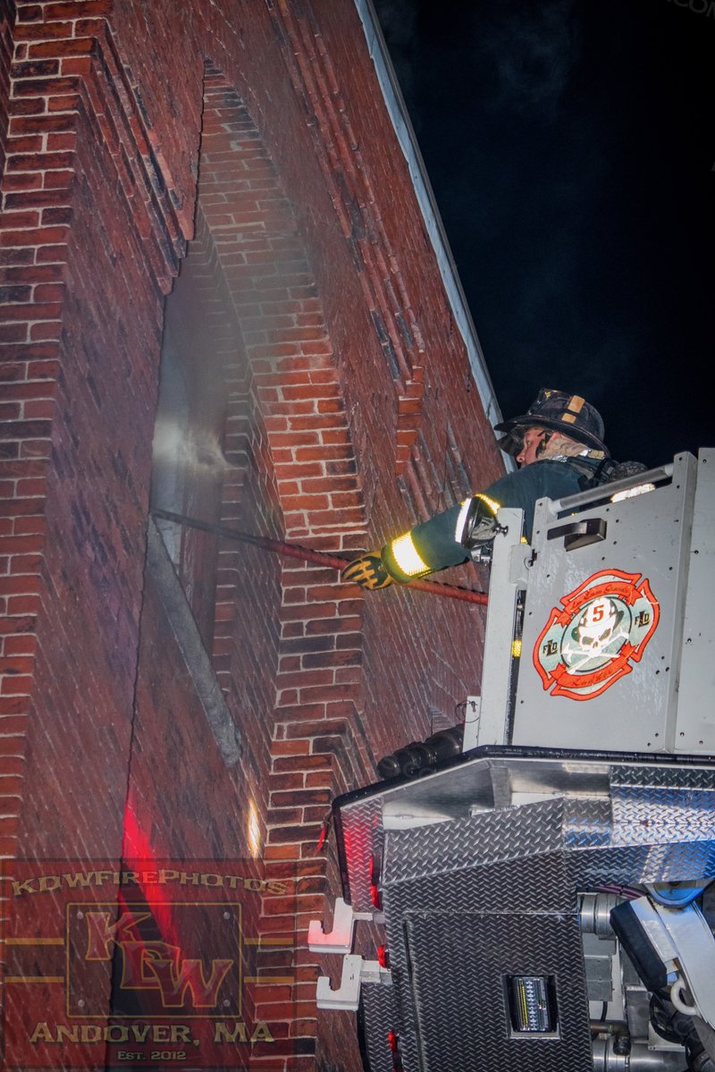 Lawrence 3rd alarm tonight at 1 Broadway at the corner of Canal St. Fire on floor 5 of a 6sty mill building. Came in as a central alarm with fire visible by C21 on arrival. A lot of hard work to get ahead of & put the fire out