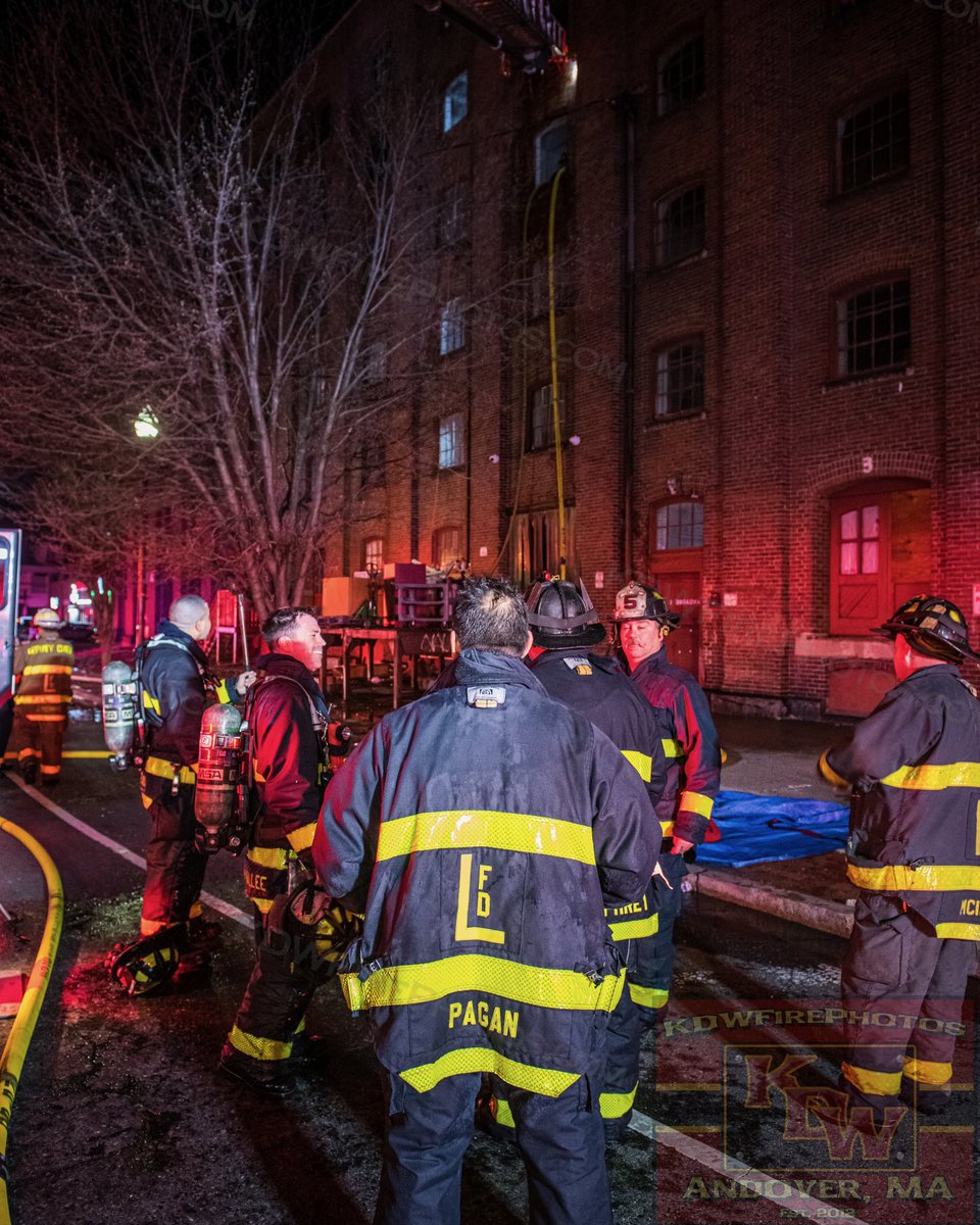 Lawrence 3rd alarm tonight at 1 Broadway at the corner of Canal St. Fire on floor 5 of a 6sty mill building. Came in as a central alarm with fire visible by C21 on arrival. A lot of hard work to get ahead of & put the fire out