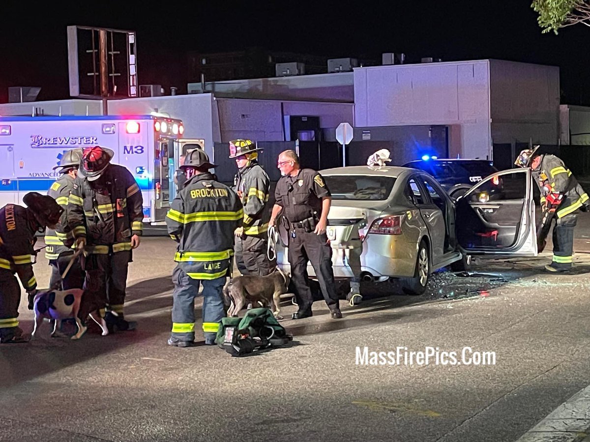 MVA Brockton Ma. Centre St (Route 123) at Plymouth Street. 2 car mva, 2 injuries, and (2) dogs attended by BFD until BPD ACO took custody of them.