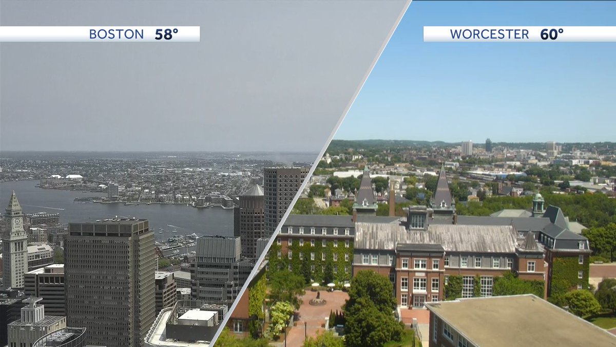 From Nova Scotia wildfires creating hazy skies over Boston. sky is much bluer over Worcester.
