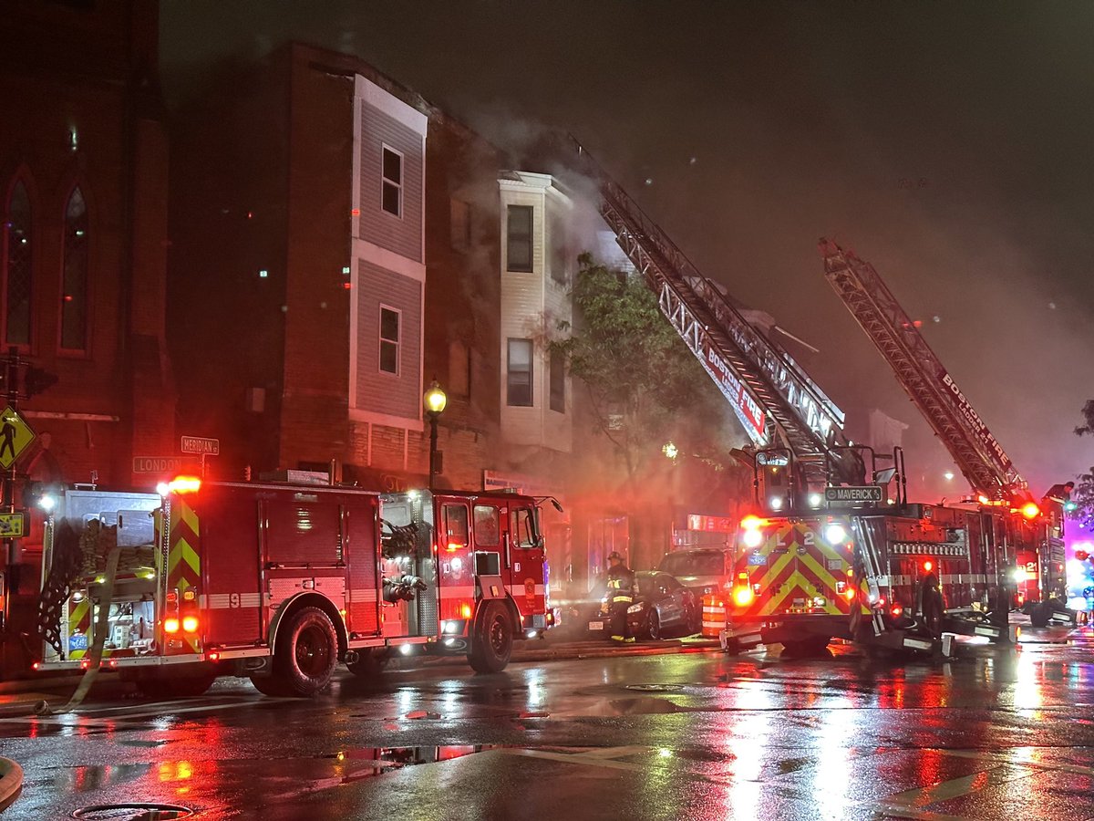 NnBoston, MA - Firefighters from @LOCAL_718 are on scene at 122 Meridian St in East Boston with smoke showing. Engine 5 has water on the fire. All companies are working