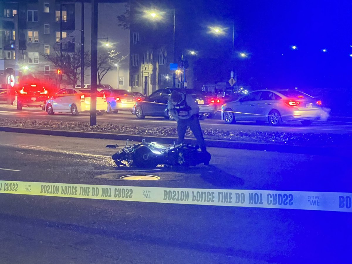 Big scene at the intersection of Blue Hill Ave and American Legion. There's a bike down. Boston police have a block shut down from American Legion to Talbot Ave as they investigate