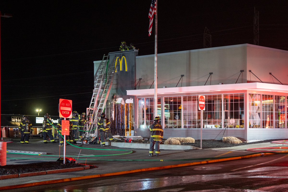 CANTON, MA - Firefighters from Norwood and Canton responded to the McDonald's at 41 Washington St in Canton for a report of a fire. Crews arrived and found a portion of the building on fire and extinguished the fire prior to a significant amount of damage to the building