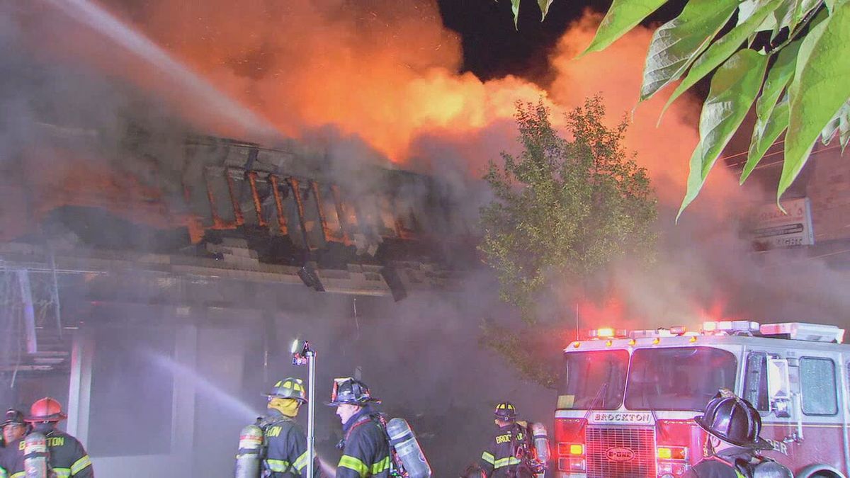 A firefighter is hurt and several businesses are damaged after a large fire broke out at a restaurant in Brockton overnight