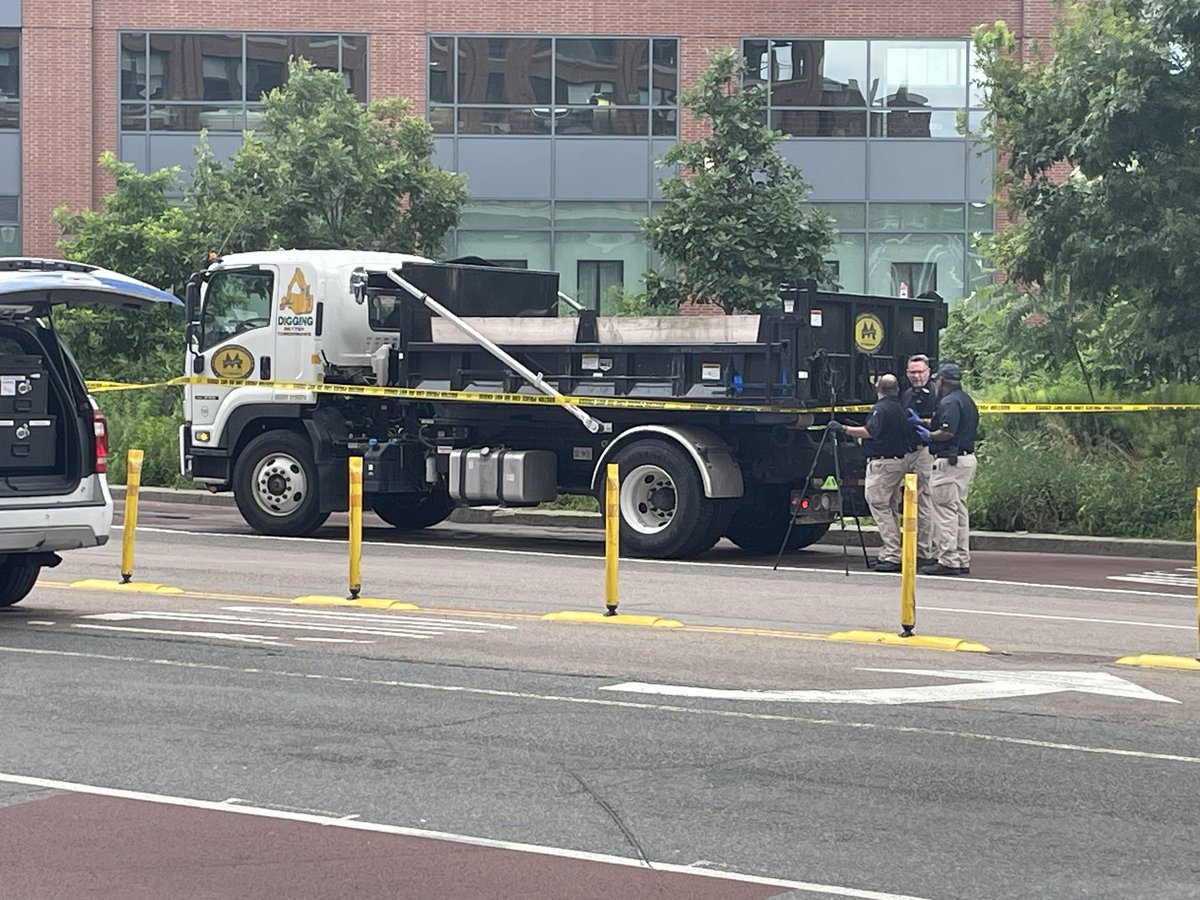 Officer hospitalized with  serious, non-life threatening injuries after being stuck by truck on N Washington &amp; Thatcher in North End. Police say officer was on paid detail helping construction vehicle cross street 