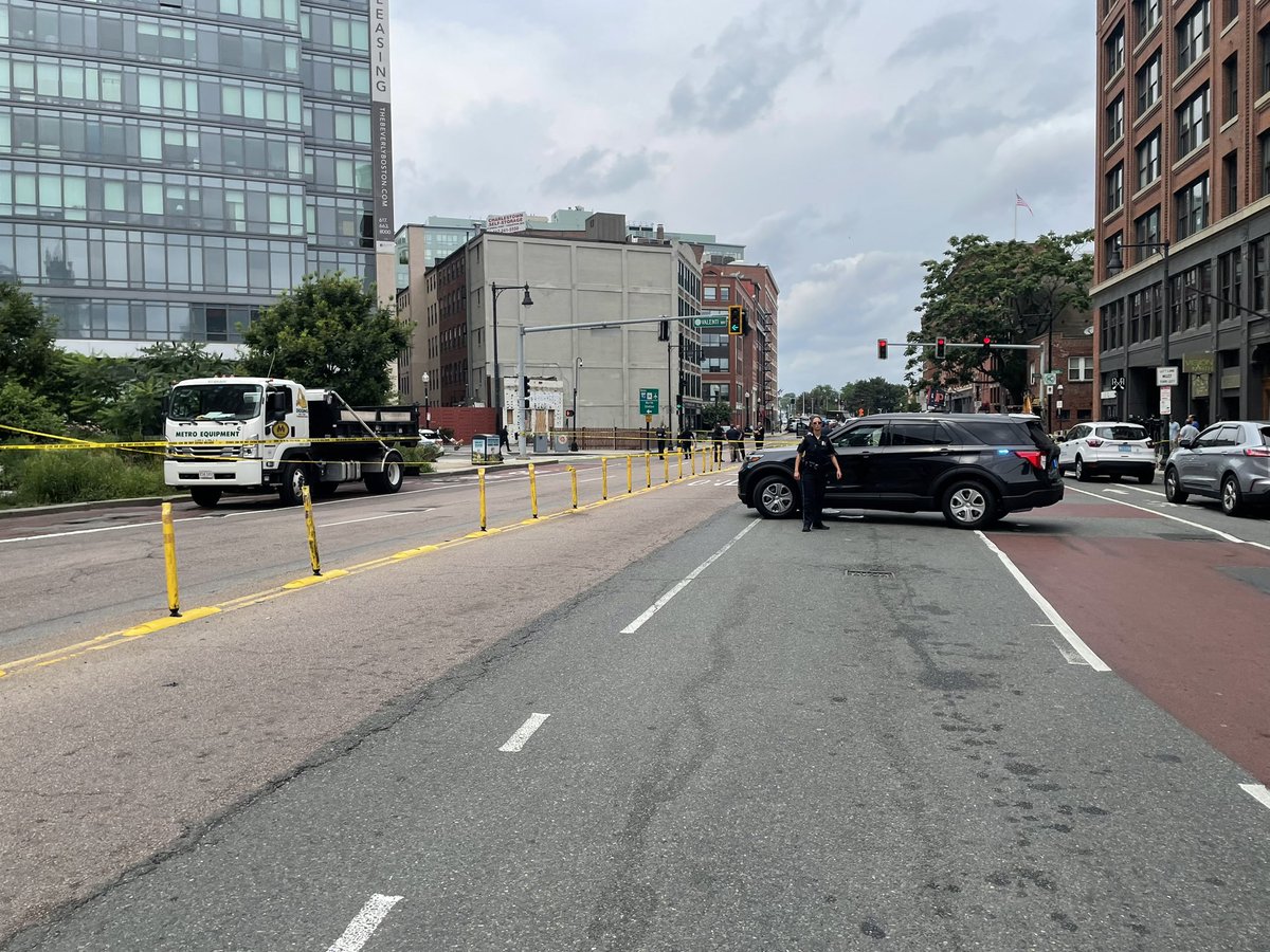 Officer hospitalized with  serious, non-life threatening injuries after being stuck by truck on N Washington &amp; Thatcher in North End. Police say officer was on paid detail helping construction vehicle cross street 