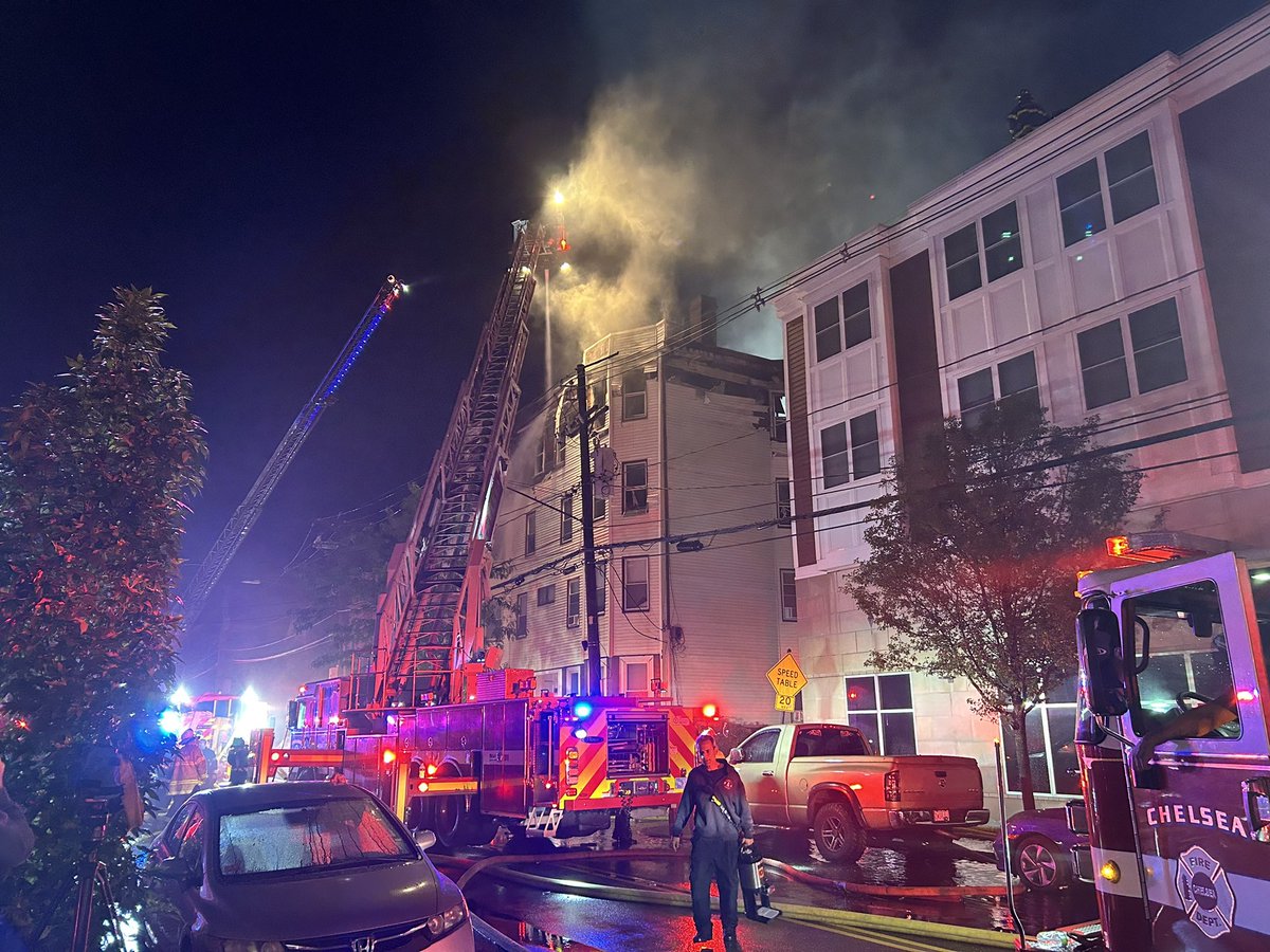 Fire Chief John Quatieri says not everyone is accounted for because the building's roof collapsed. One person was taken to the hospital for smoke inhalation.: 6-alarm fire in Chelsea this morning. Several dozens appear to be displaced at the moment. 