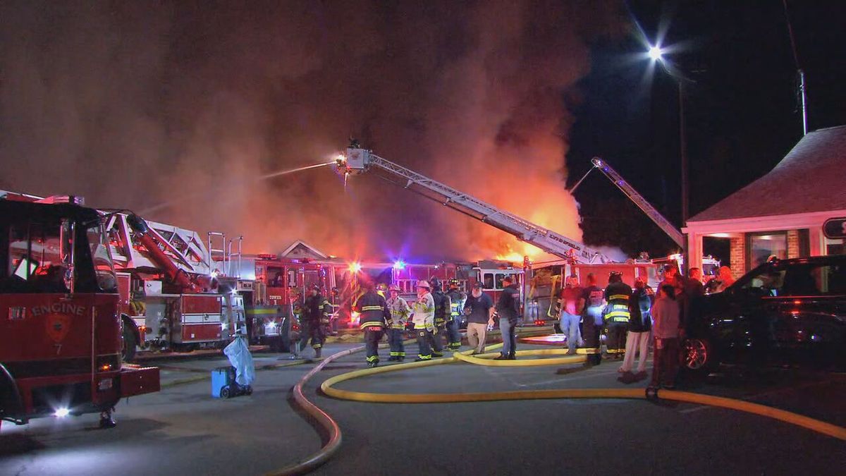 Several businesses were damaged as a fire tore through a shopping plaza in south Lynnfield on Tuesday night