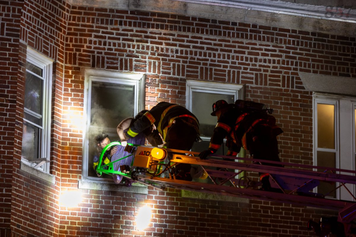 Members of Cambridge Rescue and Ladder 1 rescued an occupant via aerial from a 2-alarm apartment fire on Kirkland St early this morning. Crews made an aggressive attack and contained the the fire to the unit of origin, with minor extension to the cockloft