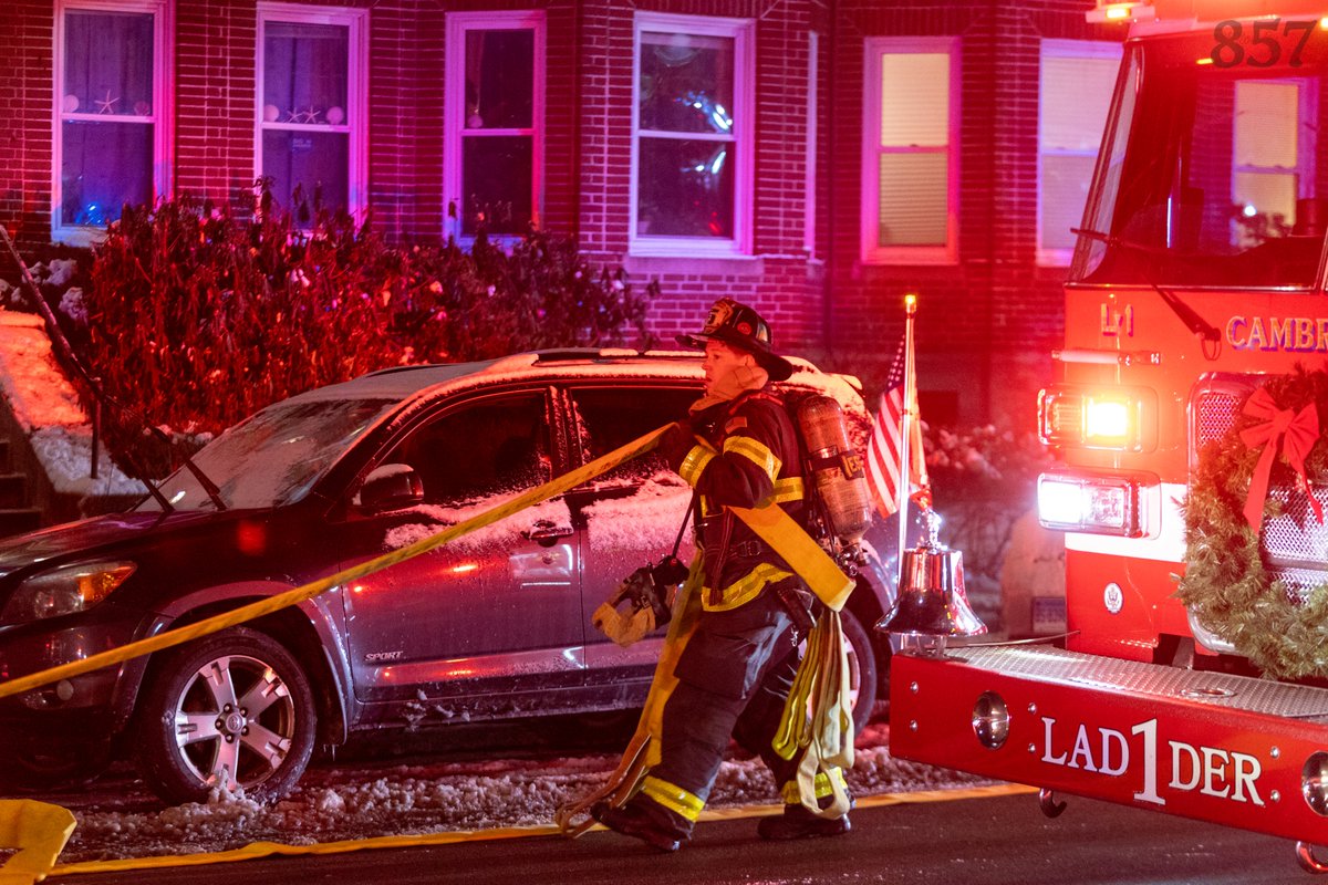 Members of Cambridge Rescue and Ladder 1 rescued an occupant via aerial from a 2-alarm apartment fire on Kirkland St early this morning. Crews made an aggressive attack and contained the the fire to the unit of origin, with minor extension to the cockloft