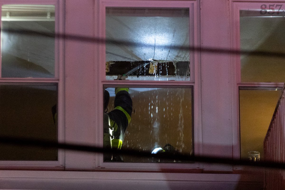 Watertown Firefighters open up at a working fire earlier tonight. Fire was located in the ceiling/insulation between the 2nd floor and the attic of a 2.5 sty woodframe on Keenan St