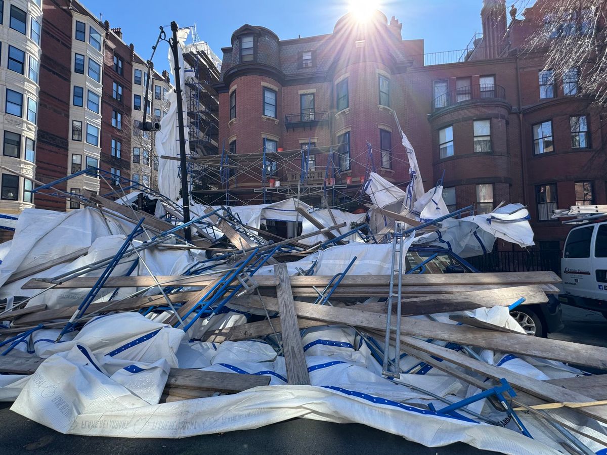 Police and emergency personnel are responding to Boston’s Back Bay neighborhood after several stories of construction scaffolding collapsed Friday morning.