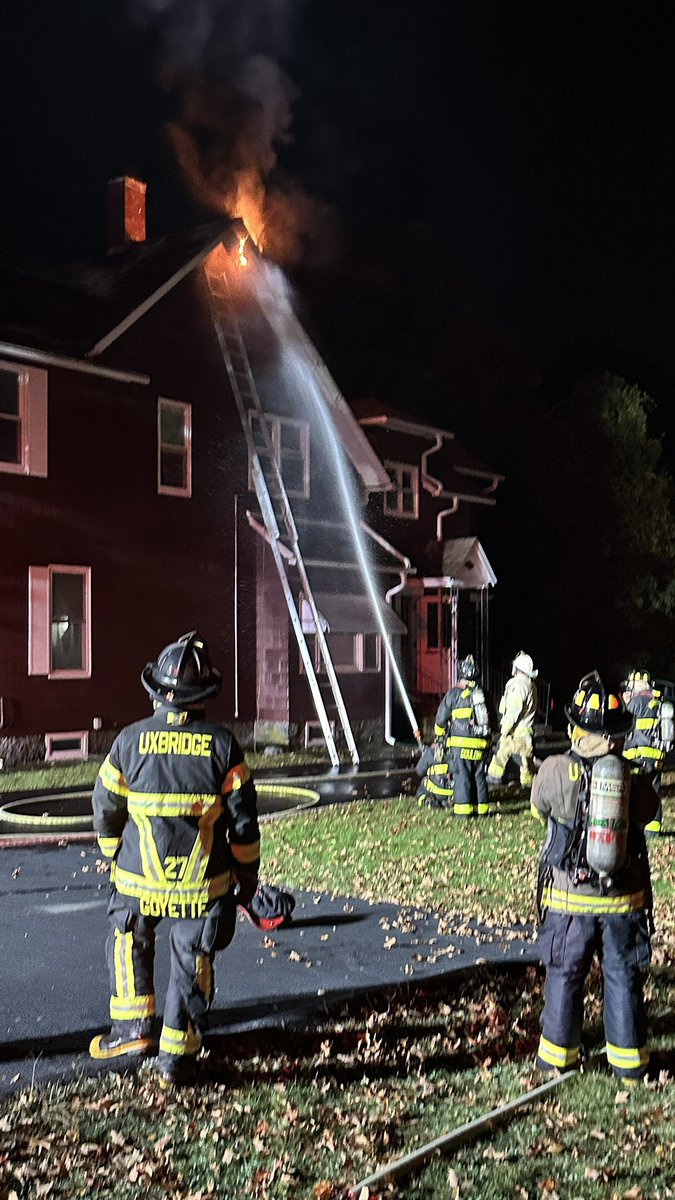 Uxbridge, working fire on Hazel St. Fire in the walls on all floors with extension to the attic. Fire is k/d, companies overhauling