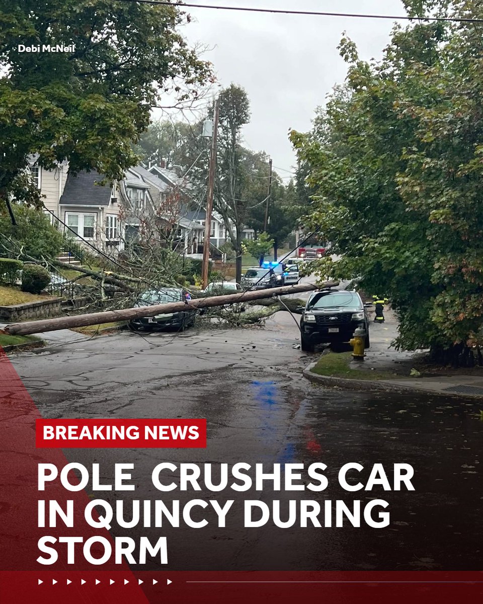 Saturday's storm brought down a telephone pole onto a parked car in Quincy amid high winds and heavy rainfall